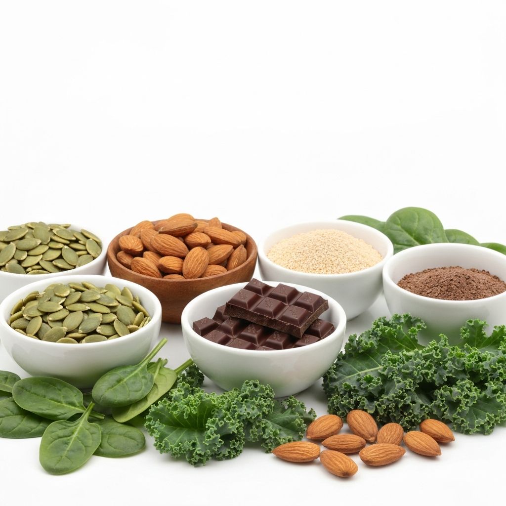 Array of magnesium-rich foods including seeds, nuts, and vegetables